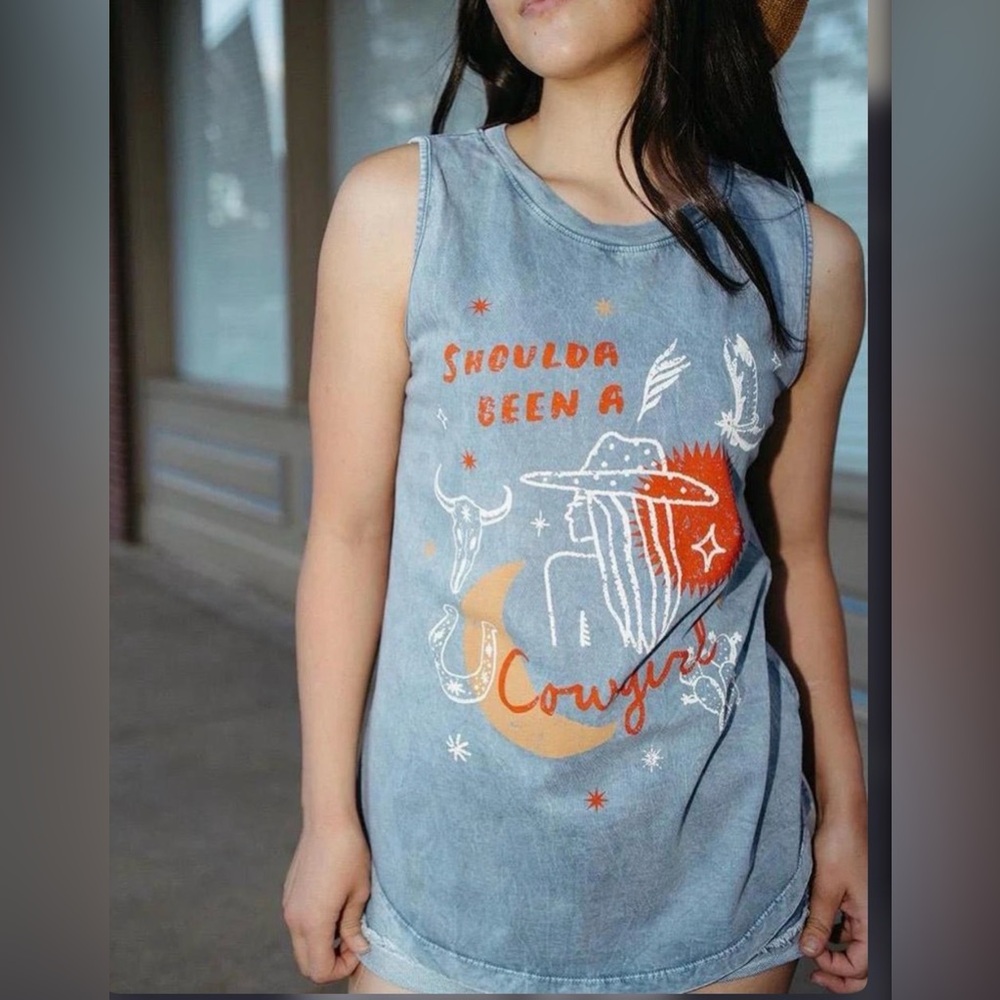 Sleeveless Graphic Tank Top - Dusty Blue "Shoulda Been a Cowgirl"